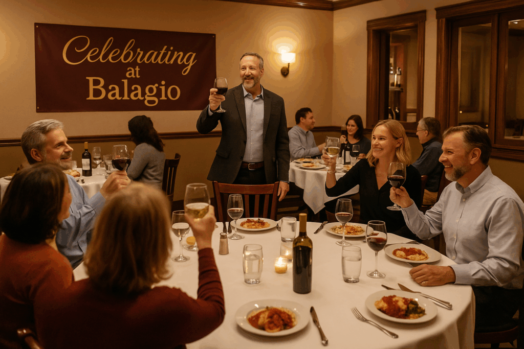 Private dining celebration at Balagio with guests toasting and enjoying Italian food in a warm, elegant setting. - Balagio Restaurant Private dining celebration at Balagio with guests toasting and enjoying Italian food in a warm, elegant setting.