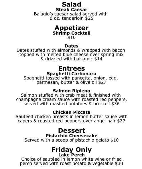 Restaurant menu with sections: Salad, Appetizer, Dates, Entrees, Dessert and Friday Special.