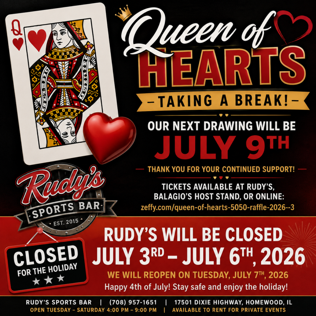 Promotional poster advertising a 'Queen of Hearts' event at Rudy's Sports Bar, featuring a large playing card, a red heart, and big JULY 9TH text with closing dates and a web link for tickets.