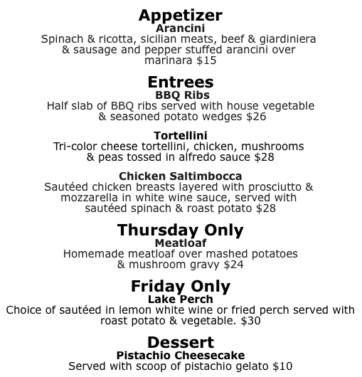 Menu page listing Appetizers, Entrees, Thursday and Friday specials with dish names and prices.
