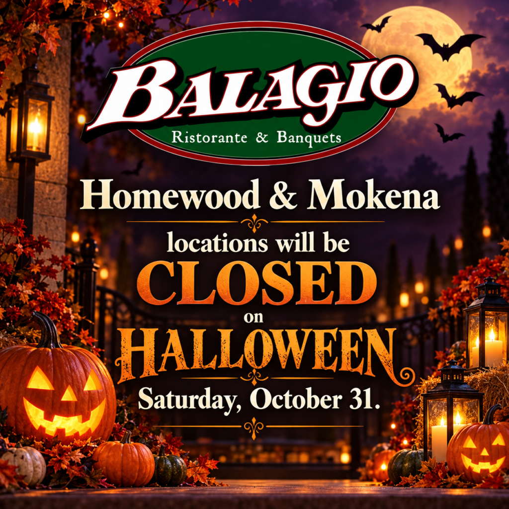 Poster announcing Balagio Ristorante & Banquets will be closed on Halloween (Saturday, Oct 31) with pumpkins and orange lanterns in a fall scene.