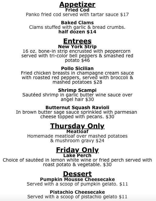 Restaurant menu with sections Appetizer and Entrees, listing Fried Cod, Baked Clams, New York Strip, Shrimp Scampi, and desserts.