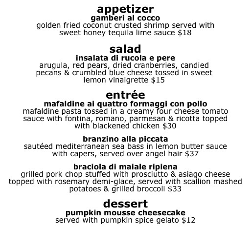 Restaurant menu with sections: appetizer, salad, entrée, dessert, including items and prices.